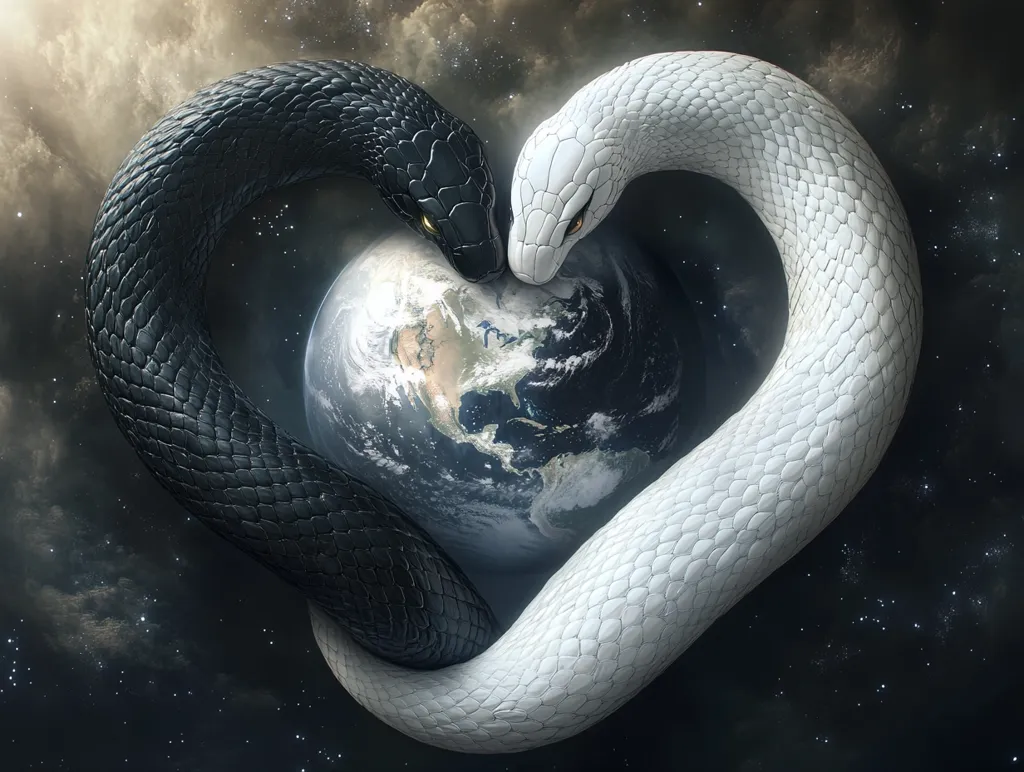 Two snakes, one black and one white, intertwine to form a heart shape around a blue and green Earth. The snakes' heads meet at the top of the heart, their eyes gazing at each other. The background is a vast expanse of dark space with twinkling stars and swirling clouds. The image symbolizes the interconnectedness of opposites and the beauty of the universe.