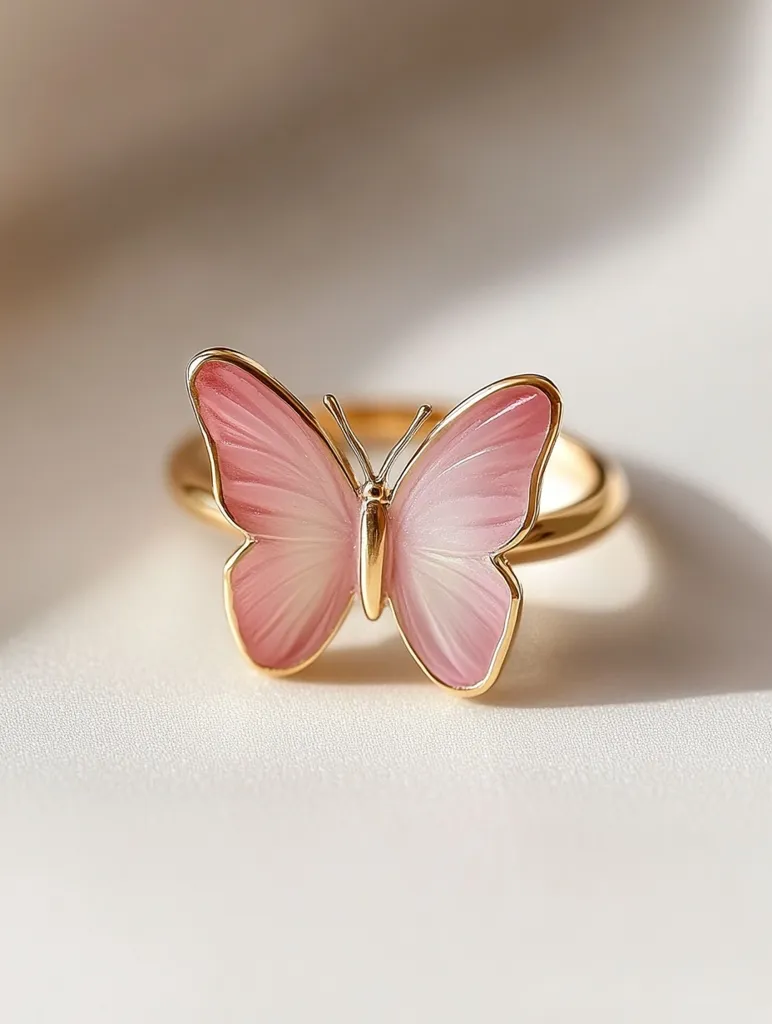A delicate gold ring with a pink butterfly design sits on a white surface. The butterfly's wings are translucent, with a gradient from a pale pink to a deeper pink. The ring's thin band encircles the butterfly, creating a beautiful and feminine piece of jewelry. The image's soft lighting highlights the ring's delicate details.