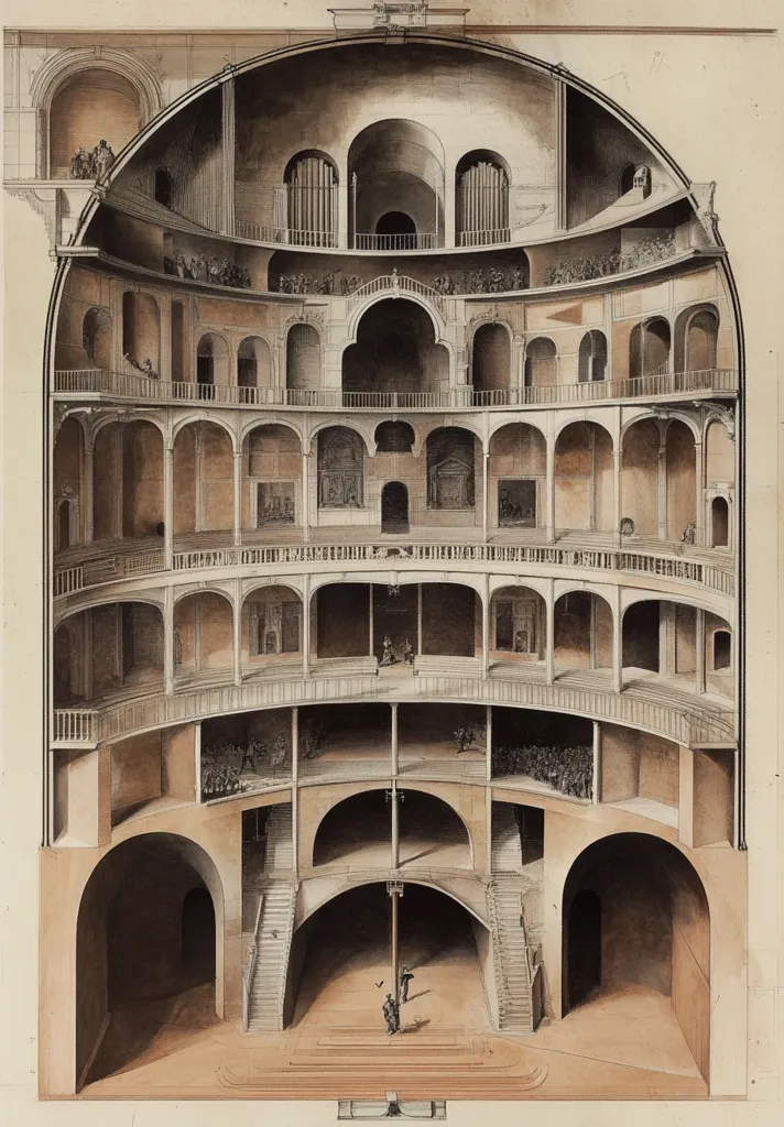A cutaway drawing of a historic theater. The circular building is shown in cross-section, revealing the many levels of seating, the stage, and the orchestra pit. There are balconies and arches throughout the building, with staircases leading to upper levels. The drawing is detailed and intricate, showcasing the architectural complexity of the theater.