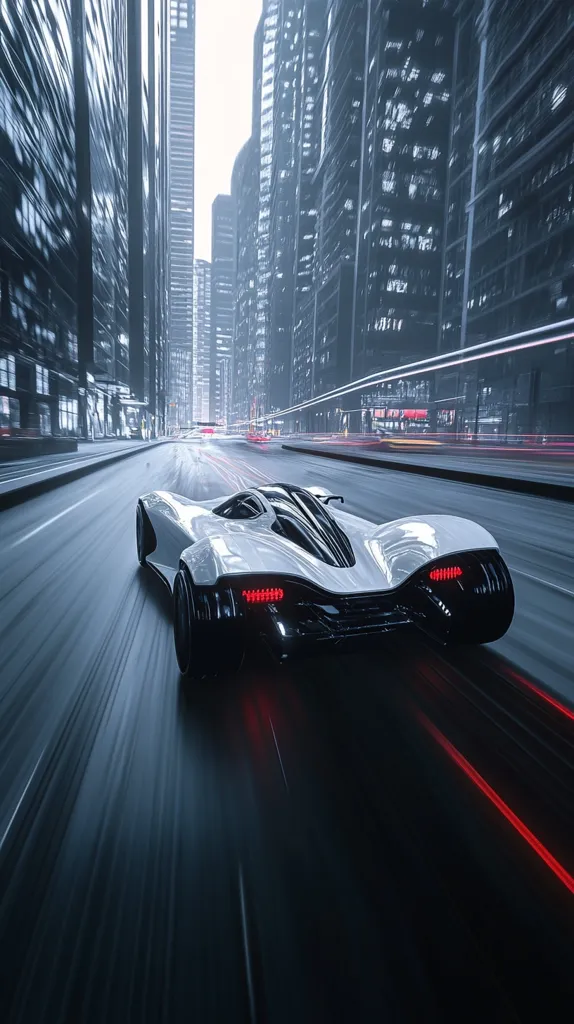 A white sports car speeds through a city at night.  The city is full of tall buildings and the car's headlights are blurred as it moves.  The car's taillights are red and the road is lined with white lines. The image is taken from a low angle, giving the impression of speed and movement.  The image has a dark and moody feel.