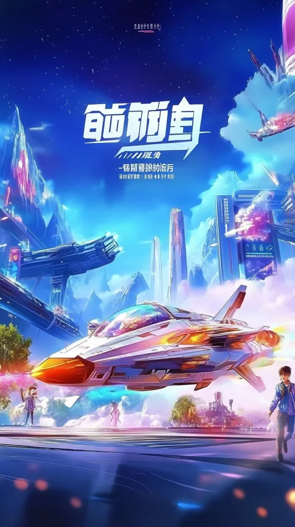 The image depicts a futuristic city with tall, sleek buildings and a large spaceship flying overhead. The sky is a vibrant blue with streaks of pink and purple clouds. The spaceship is white with orange and black accents, and it has a large cockpit window. There are two figures in the foreground, one of whom is a young man in a blue jacket. The scene is filled with energy and dynamism, suggesting a sense of adventure and discovery.