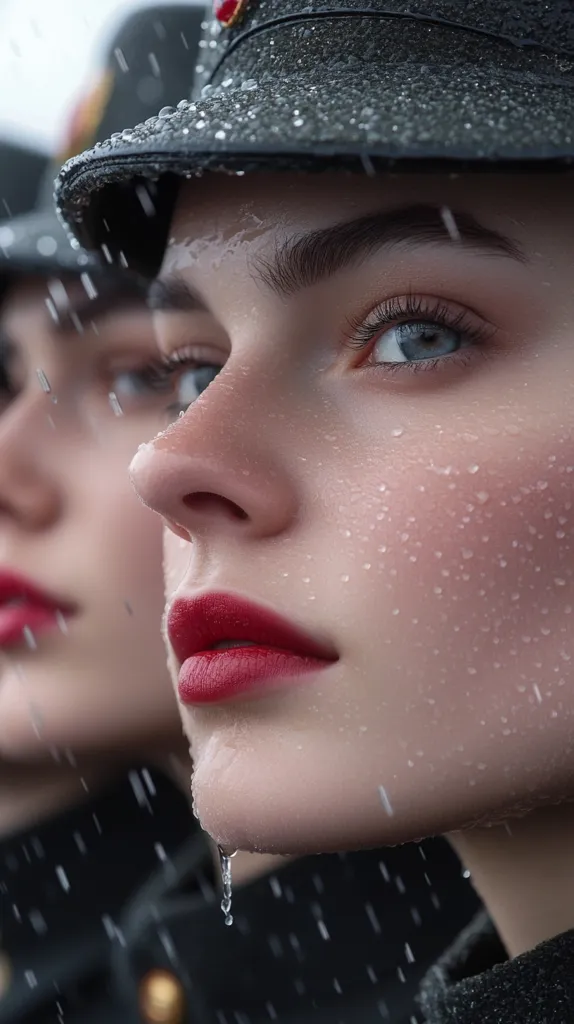 A close-up of a woman's face, her eyes looking up and to the right, her lips painted red, and a single drop of water hanging from her chin. She wears a black military hat, and rain falls around her, creating a sense of mystery and intrigue. The image is likely a portrait, emphasizing the woman's beauty and sensuality. The composition is intimate and focused on the woman's face, making the viewer feel drawn in and connected to her. The use of light and shadow enhances the overall mood of the image, creating a sense of drama and intensity.