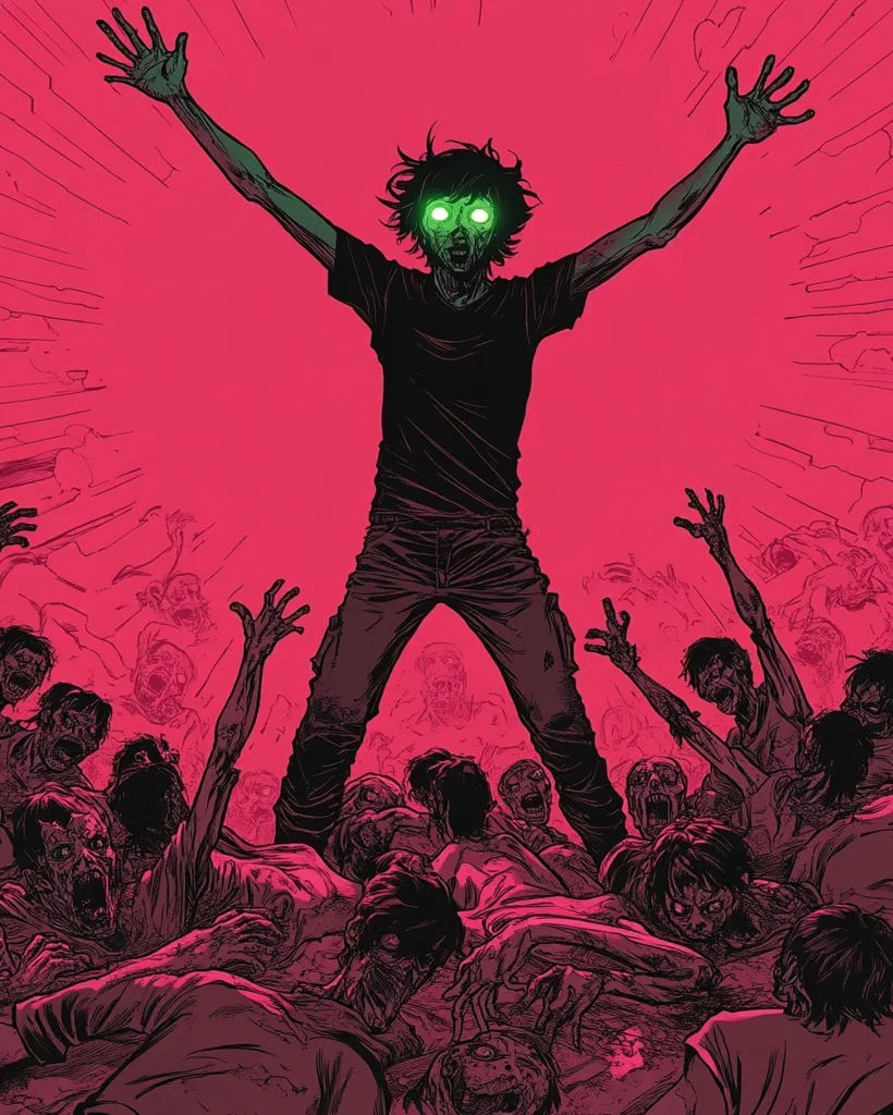 A figure with glowing green eyes stands triumphantly over a crowd of fallen zombies, their limbs outstretched and faces contorted in agony. The figure is clad in casual attire, and their arms are raised in a gesture of victory. The background is a vibrant red, with rays emanating from the figure, creating a sense of intense energy and power.  The scene suggests a battle won, where the figure has emerged victorious against a horde of undead.