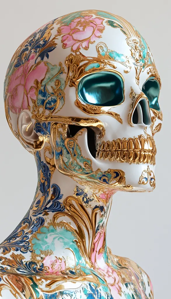 The image is a close-up of a porcelain skull with intricate gold detailing. The skull is decorated with floral patterns and teal accents. The background is a simple white, highlighting the ornate design of the skull. The image has a unique and artistic feel.
