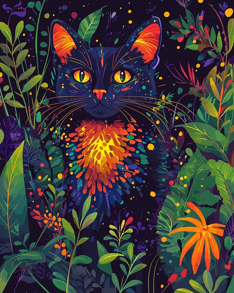 A black cat with bright yellow eyes sits in a lush, vibrant garden. The cat's fur is a mix of black and colorful dots, and its chest is adorned with a burst of rainbow hues. The background is a riot of green, orange, and purple foliage, with dots of color scattered across the canvas. The cat stares out with an air of mystery and tranquility.
