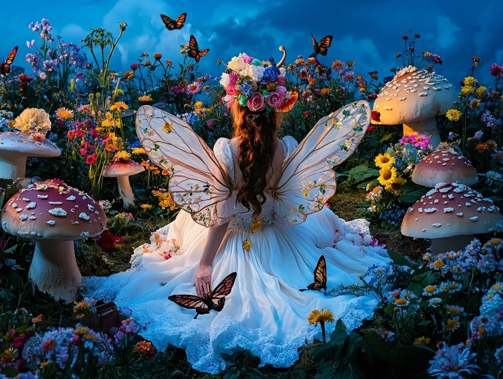 A young woman with delicate butterfly wings sits in a magical field, surrounded by blooming flowers and large mushrooms. She wears a white dress, a flower crown, and her long, dark hair flows down her back. The light is soft and ethereal, creating a dreamlike atmosphere. Butterflies flutter around her, adding to the magical ambiance. The scene is reminiscent of a fairytale, with its whimsical details and enchanting beauty.