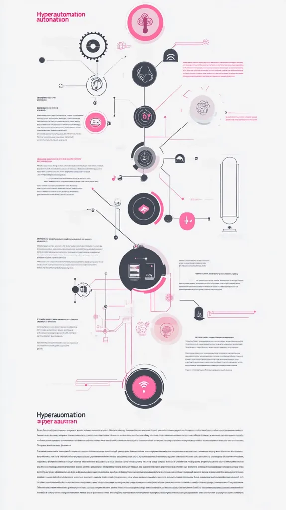 The image is a flowchart illustrating the concept of "Hyperautomation". It uses interconnected circles and lines to represent different stages of automation, from basic tasks to complex, intelligent processes. The circles contain icons representing concepts like decision-making, data processing, and integration. The text surrounding the flowchart provides explanations of each stage and the overall concept. The overall design is modern and minimalist, using pink and grey colors for visual clarity.  The diagram emphasizes the importance of combining human and machine intelligence to achieve the full potential of automation.