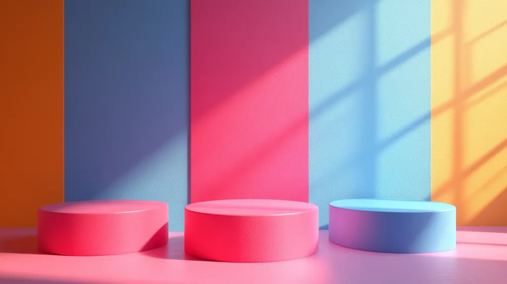 The image shows three cylindrical podiums in pink and blue, arranged in a row against a colorful backdrop. The backdrop is made of four vertical panels in orange, blue, pink, and blue, with the pink panel illuminated by sunlight. The podiums are positioned on a pink surface, reflecting the vibrant hues of the background. The image creates a playful and modern aesthetic, perfect for product displays or minimalist designs.