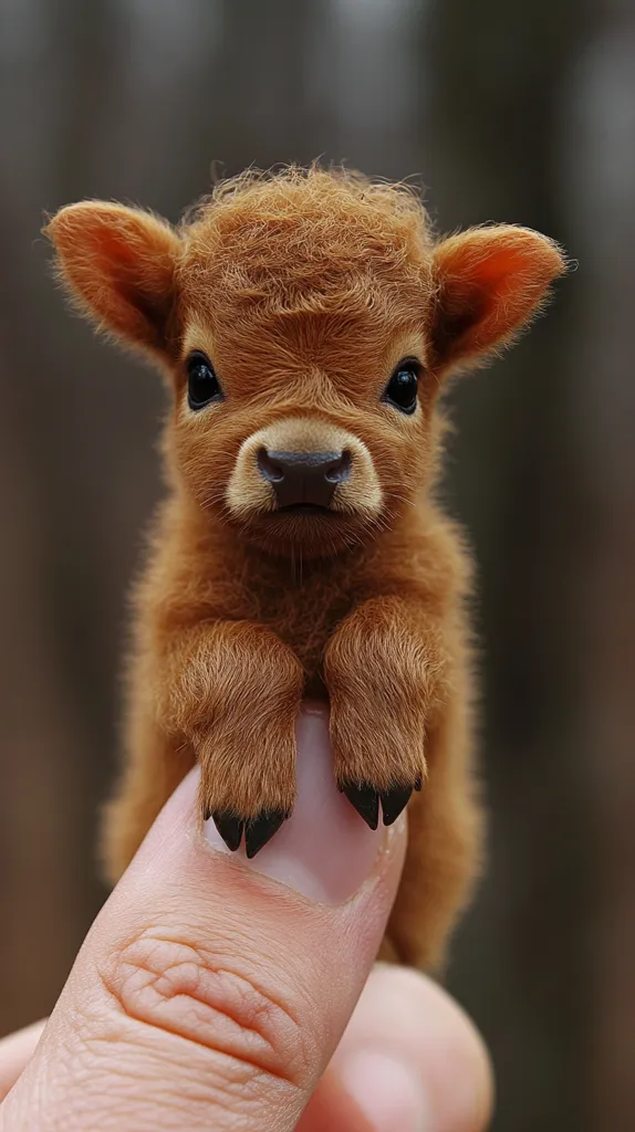 A tiny, fluffy calf with large, expressive eyes is being held by a person's hand. The calf is brown and has a soft, furry coat. It has a small, black nose and its hooves are visible on the finger. The background is blurred, drawing attention to the calf's cuteness.  The image captures a sweet and innocent moment with a young animal.