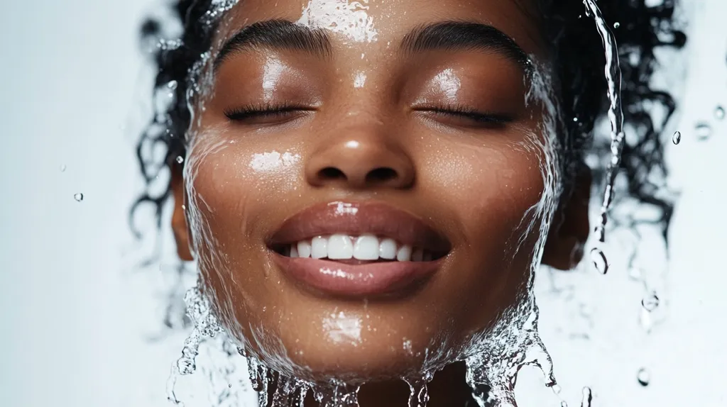 The image shows a close-up of a woman's face with her eyes closed. Her skin is glowing and wet, suggesting she's just been splashed with water. Her lips are slightly parted, revealing a bright, white smile.  The water droplets and splashes around her face create a sense of freshness and beauty. The image is likely intended to convey a feeling of cleanness and rejuvenation.