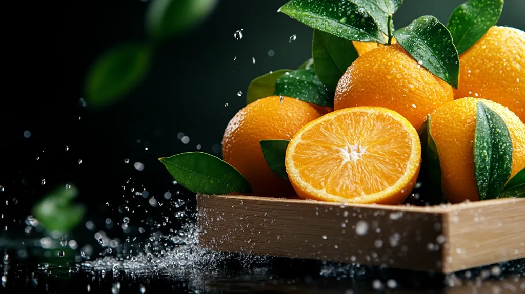 A wooden tray filled with fresh oranges and green leaves is displayed on a black background.  Water droplets are falling from above, creating a refreshing and vibrant atmosphere. The oranges are glistening and juicy, showcasing their ripe and flavorful appearance. The image evokes a sense of natural abundance and sweetness.