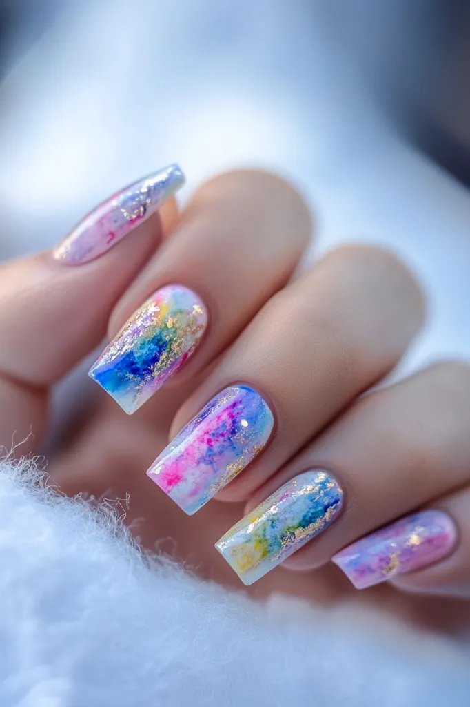 A hand with five fingernails painted with a vibrant, abstract, marble design. The nails are a square shape and feature a mix of pink, blue, yellow, and green with gold foil accents. The hand rests on a soft, white, fluffy surface. The nails are a statement piece and highlight the beauty of color and texture.