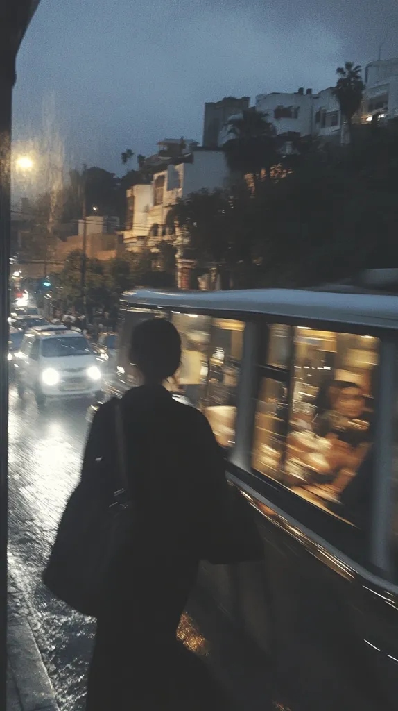 The image captures a shadowy figure standing near a bus in a city setting. The background is blurred, suggesting a nighttime or evening scene. The bus is brightly lit, its windows reflecting the lights of the city. The figure is clad in dark clothing, their face obscured. The image evokes a sense of solitude and mystery.