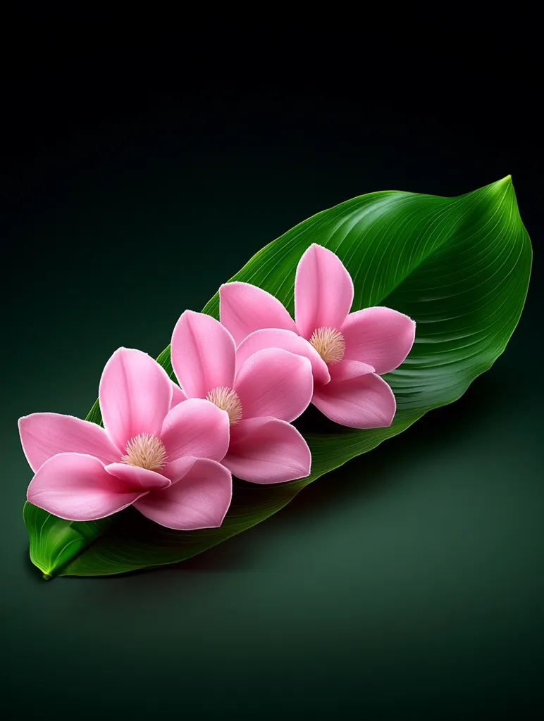 Three delicate pink flowers with prominent yellow centers are arranged on a large, glossy green leaf.  The flowers are positioned to create a graceful curve, their petals overlapping slightly.  The dark green background provides a dramatic contrast to the vibrant pink of the flowers. The image creates a sense of serenity and natural beauty.