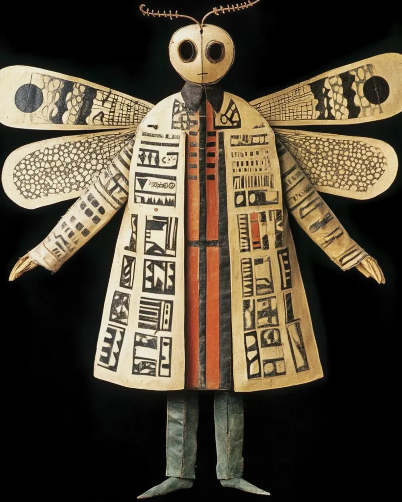 The image depicts a handcrafted, anthropomorphic figure with a large, flat head, a large, geometrically-designed coat, and large, delicate butterfly wings. The figure is adorned with abstract patterns and markings, and is made from a variety of materials, including wood and fabric. It is a stylized representation of a human figure, with a distinct artistic and symbolic quality. The figure's details suggest an artistic style that blends elements of folk art and modern design.  The figure is set against a dark background, which highlights its intricate details and creates a sense of mystery.