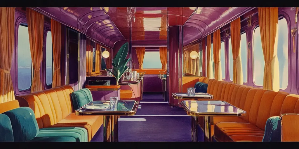 The image depicts the interior of a luxurious train car. The walls are a rich purple, and the seats are plush and orange. There are large windows with orange curtains, and the floors are covered in a purple carpet. The car is decorated with gold accents, and there are tables with glasses and plates. A large plant adds a touch of nature to the space. The overall feeling is one of opulence and comfort.