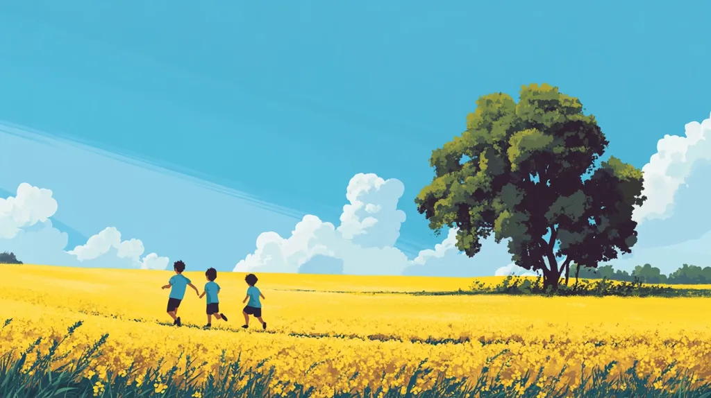 Three young boys run through a field of yellow wildflowers. A large tree stands to the right, its shadow cast upon the ground. A bright blue sky with fluffy white clouds stretches above. The scene is peaceful and serene, capturing the essence of a summer day.
