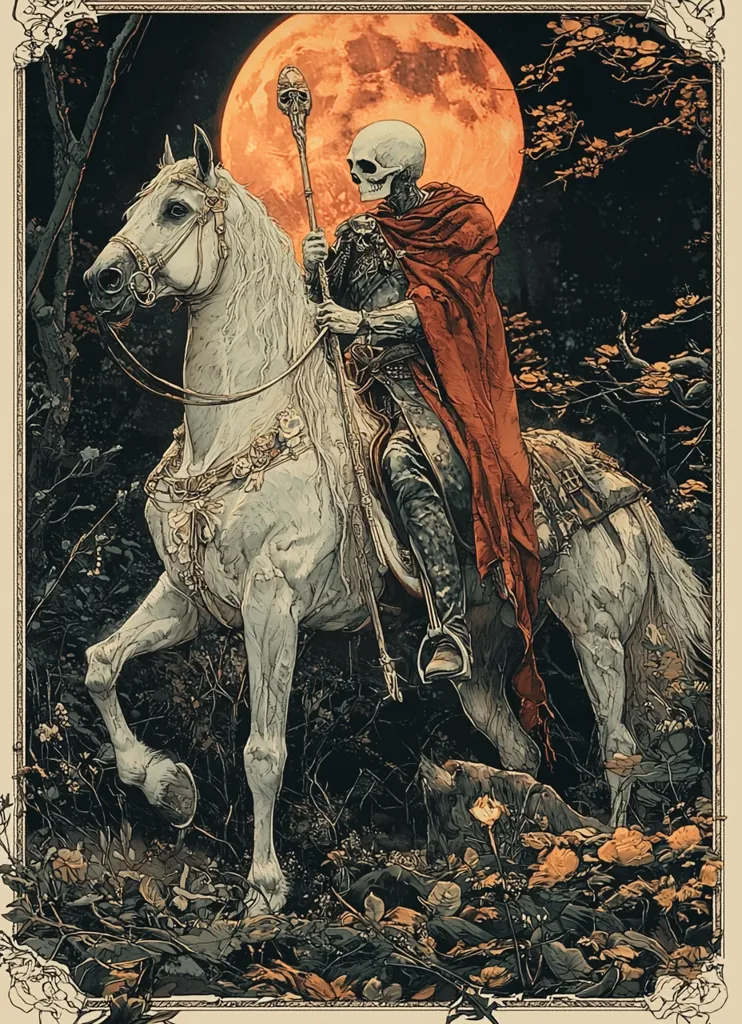 A skeletal figure, adorned in armor and a crimson cloak, rides a magnificent white steed through a shadowy forest. The rider wields a staff topped with a skull, and the horse is richly adorned with golden embellishments.  A large, orange moon illuminates the scene, casting long, eerie shadows.  The ground is covered in fallen leaves, creating a sense of autumnal decay. The image evokes a sense of mystery and the supernatural.
