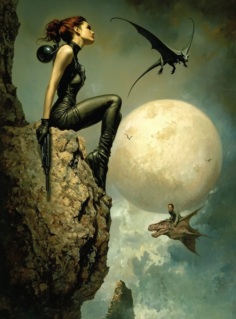 The image depicts a woman in a black leather outfit, standing on a rocky cliff, holding a gun. She is looking upwards towards a large, round moon. In the distance, a small, winged creature flies overhead. In the foreground, a man rides a dragon. The scene is a fantastical and surreal depiction of a strange and alien world. The colors are muted and earthy, creating a sense of mystery and intrigue. The overall impression is one of adventure and danger.