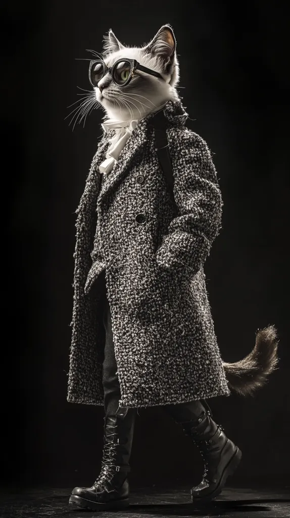 A cat dressed in a black and white tweed coat and black leather boots. The cat is wearing oversized sunglasses, looking stylish and confident with a cool demeanor. The dark background enhances the dramatic and edgy look of the cat model.