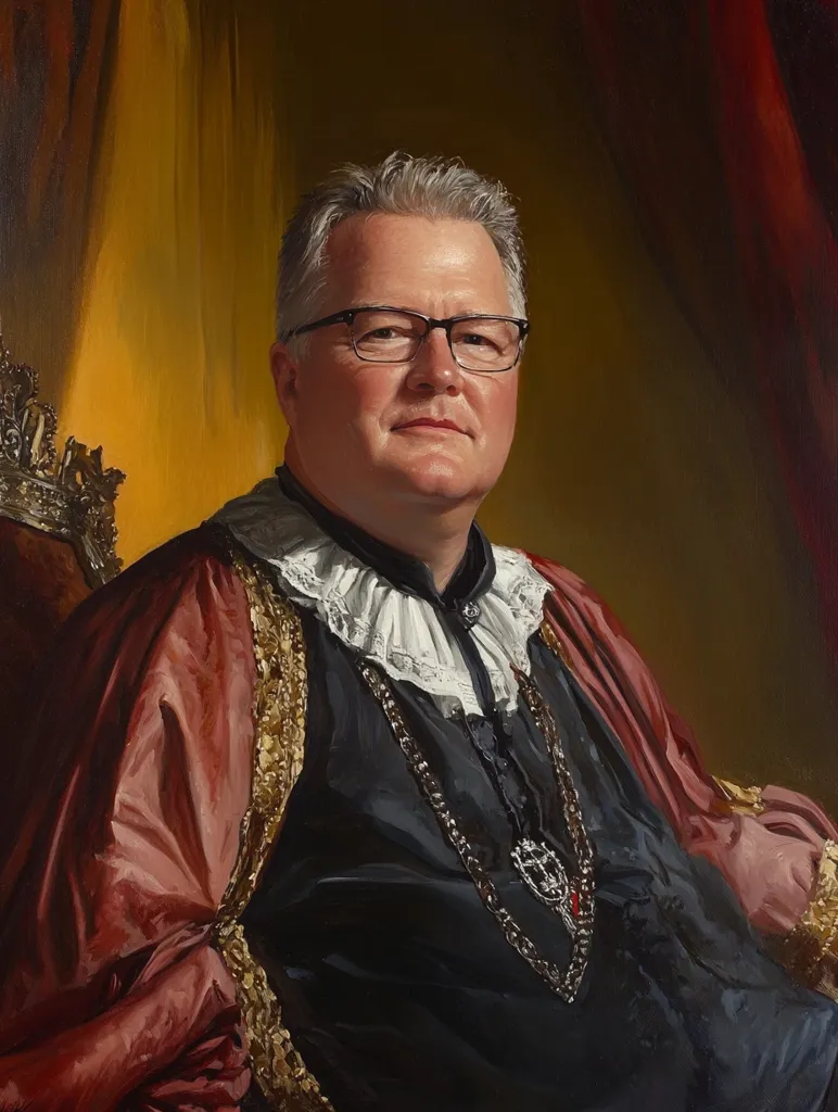 A man in a black suit with a white lace collar and a maroon robe sits in a chair. He has gray hair and wears glasses. The background is a warm, golden and red color.  He is looking directly at the viewer with a serious expression.  The painting is likely a portrait of a distinguished individual.