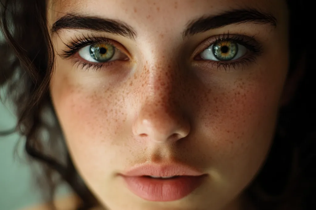 The image shows a close-up of a young woman's face. Her skin is fair and dotted with freckles. Her eyes are a vibrant green, with long eyelashes. Her lips are slightly parted, and her gaze is direct.  The image captures a sense of youthful beauty and vulnerability.