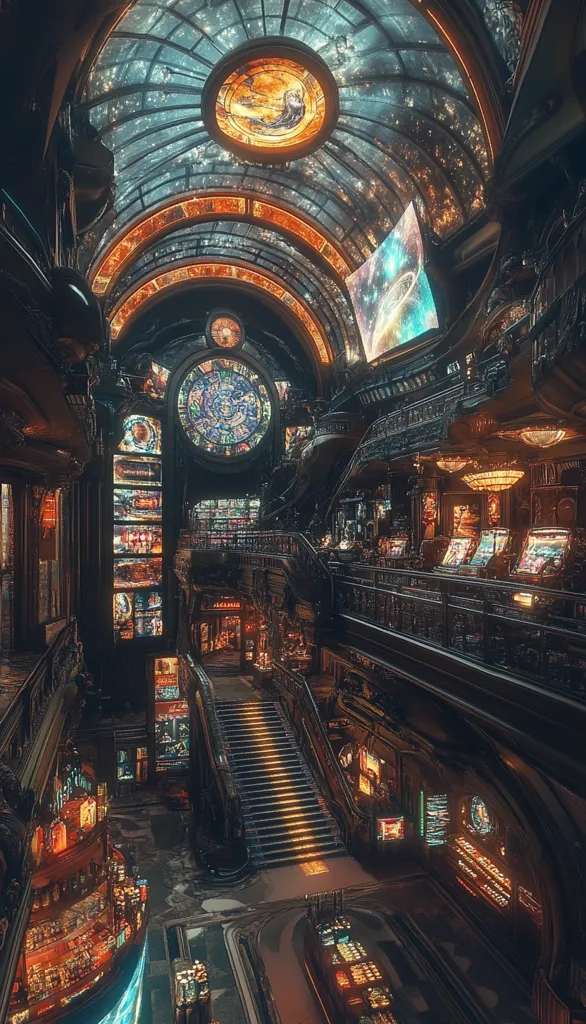 The image shows the interior of a grand, ornate building with a vaulted ceiling adorned with intricate stained glass and a large, circular window. The building is richly decorated with gold accents, intricate carvings, and a series of balconies and staircases.  A central staircase leads upward, with a screen showing a starry night sky at the top.  The overall atmosphere is one of grandeur and mystery.  The space is filled with a sense of wonder and a hint of steampunk aesthetic.