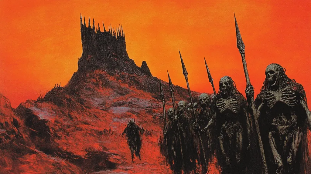 A dark, skeletal army marches across a barren, red landscape towards a towering, ominous castle. The sky is an angry orange, filled with a foreboding sense of dread. The figures are gaunt and skeletal, carrying spears as they advance relentlessly towards their destination. The scene is both terrifying and captivating, depicting a moment of impending doom.