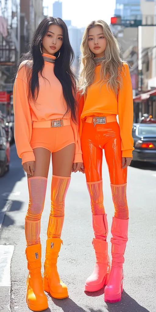 Two young women in bright orange outfits stand on a city street. One wears a cropped sweatshirt and shorts with thigh-high boots, the other wears a matching sweatshirt and leggings with knee-high boots. Both women have long hair and wear bold jewelry.  The outfits and footwear create a striking and trendy look.
