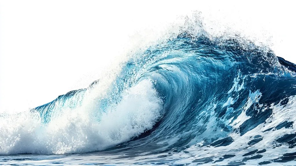 A large, powerful wave crashes against a white background. The wave is blue and white, with a crest of white foam. The water is clear and sparkling, and the wave is moving with great force. The photo is taken from a low angle, giving the viewer a sense of the wave's power and scale. The wave is a powerful and beautiful symbol of nature's power.