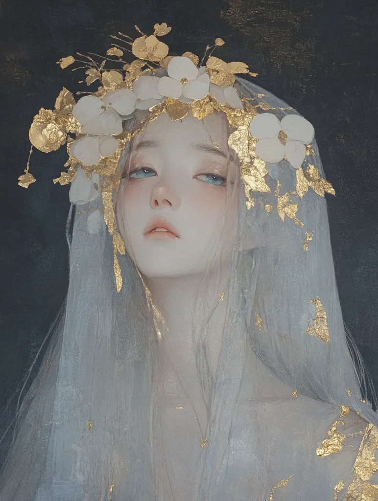 The image depicts a woman with long, silver hair. She is wearing a delicate, ethereal veil that is adorned with gold leaf and white flowers. Her eyes are a striking shade of blue, and her expression is both serene and melancholic. The soft lighting and muted color palette create a dreamlike atmosphere, suggesting that the woman is a mythical creature or a figment of imagination.  She appears to be shrouded in mystery, inviting the viewer to speculate about her story.