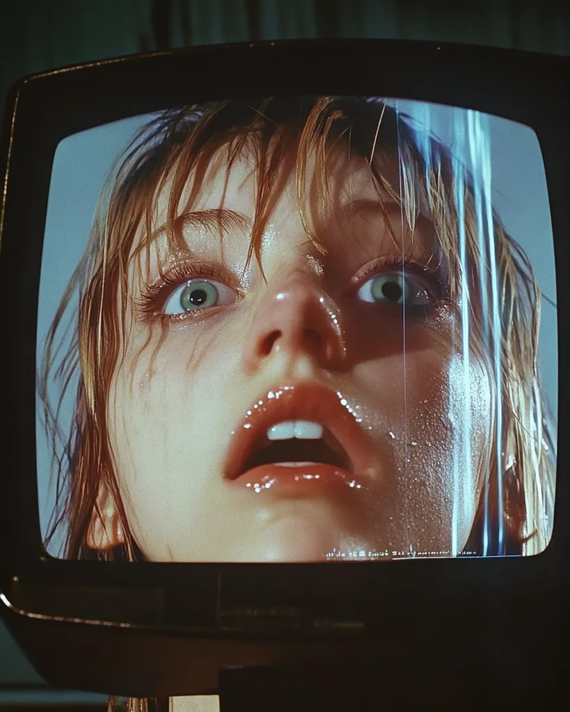 The image shows a close-up of a woman's face, captured on a vintage television screen. Her expression is wide-eyed and slightly fearful, with her mouth slightly open in a gasp. The screen is streaked with water droplets, adding to the sense of urgency and tension. The grainy texture of the image evokes a retro, almost nostalgic aesthetic, hinting at a moment captured from a bygone era.
