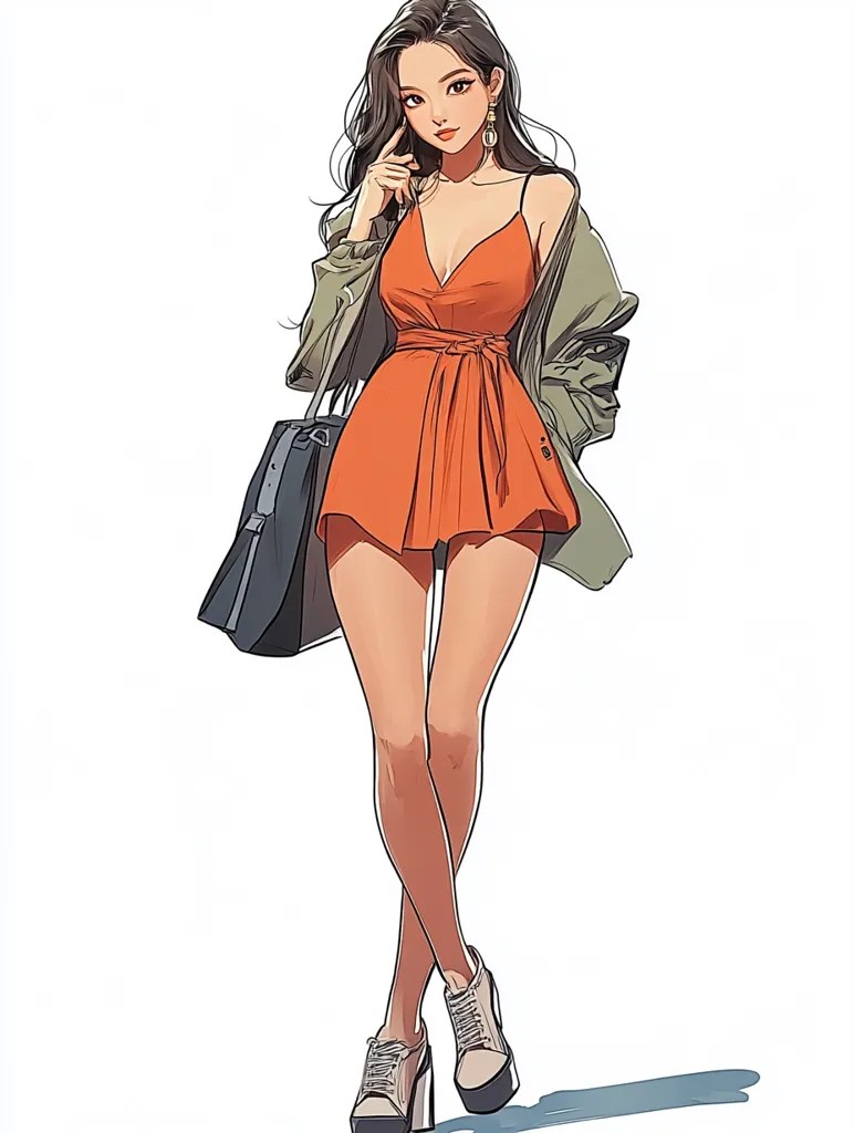 The image is a digital illustration of a woman with long black hair, wearing a short orange dress, a green jacket, and white shoes with high heels. She has a handbag in her left hand and is looking at the viewer with a slight smile. Her expression is confident and alluring. The style of the illustration is modern and trendy. The background is white, highlighting the woman and her outfit.