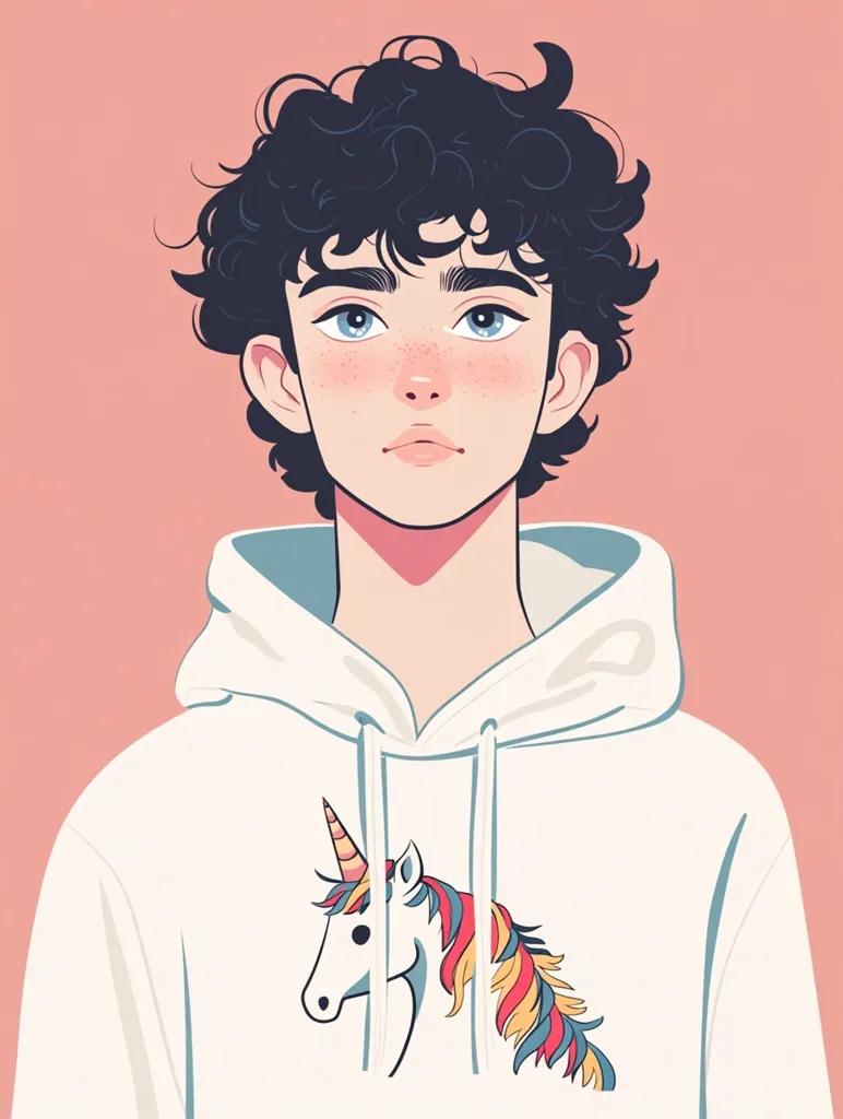 The illustration depicts a young man with curly dark hair, wearing a white hoodie with a colorful unicorn design. He has a soft, almost melancholy expression, with blue eyes and rosy cheeks. The background is a soft pink. The overall image evokes a feeling of youth, innocence, and perhaps a touch of whimsy.