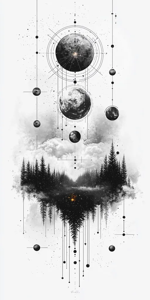 The image is a black and white abstract design with a geometric pattern and black circles representing planets. The center features a cluster of trees, with a faint glow. It creates a sense of mystery and the unknown. The geometric patterns around the planets add to the ethereal feel of the artwork.