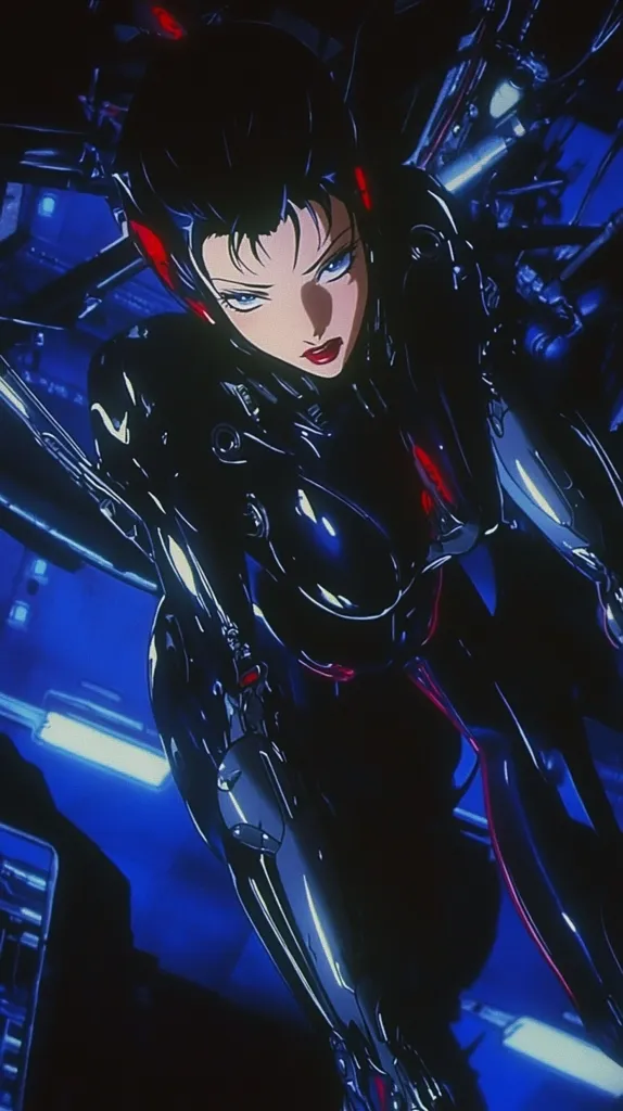 The image depicts an anime character, a woman with long black hair and piercing blue eyes, dressed in a black, shiny, futuristic suit. Her red lipstick stands out against the dark background. The character is positioned against a backdrop of metallic structures and glowing blue lights, suggesting a cyberpunk or sci-fi setting. The image is stylized with a distinct anime aesthetic and sharp lines.  The focus is on the character's face, highlighting her confident and powerful expression.  The overall tone is mysterious and suggestive of action and intrigue.