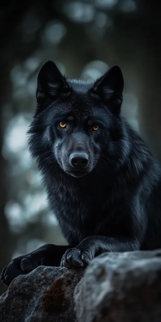 A black wolf with piercing amber eyes stares intensely at the camera. Its dark fur blends seamlessly with the shadowy background. The wolf is resting its forelegs on a large rock, creating a sense of strength and power. The image is taken from a low angle, emphasizing the wolf's size and dominance.  The wolf's expression is alert and focused, conveying a sense of primal instinct and wilderness.