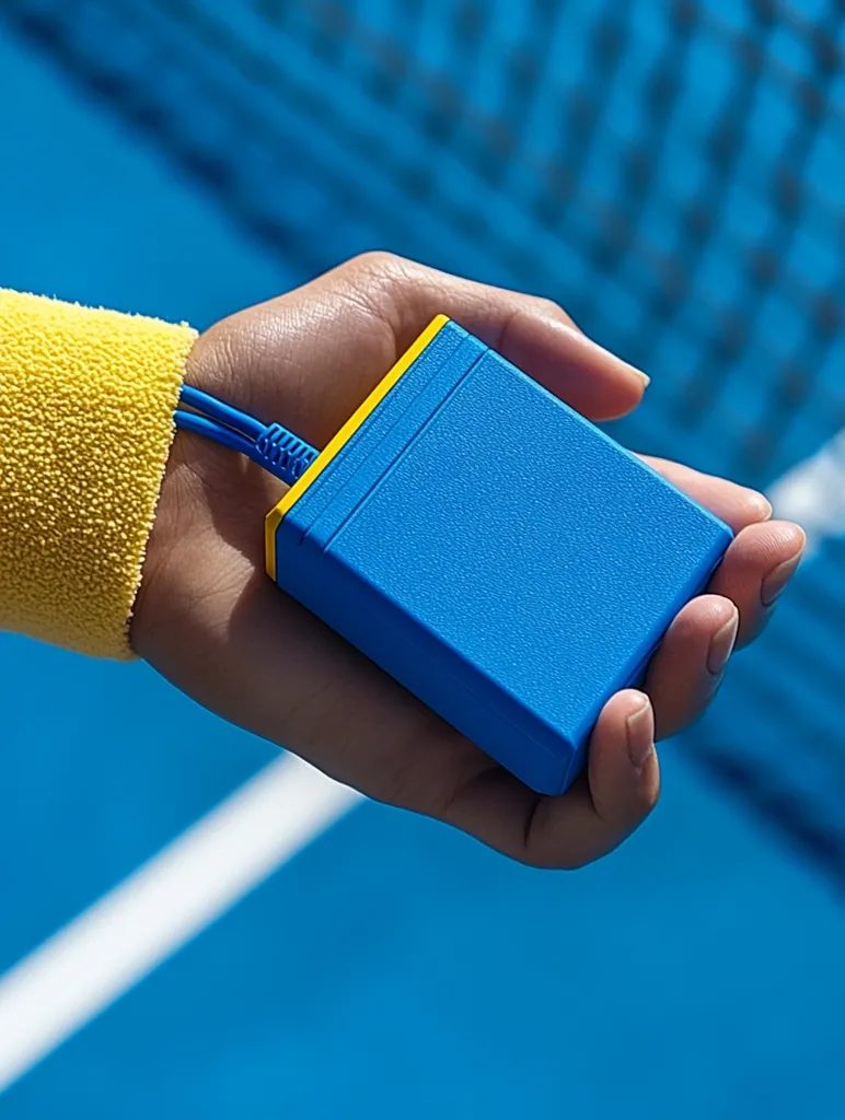 A hand, wearing a yellow wristband, holds a small, rectangular, blue device with a yellow trim. The device is connected to a blue cable. The hand and device are positioned over a blue and white tennis court surface. The background is a blurry blue and yellow pattern.