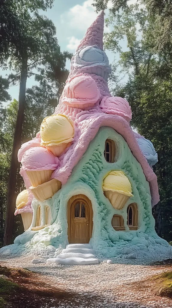 A whimsical house shaped like an ice cream cone is nestled in a forest clearing. The house is covered in pastel-colored frosting, with scoops of ice cream forming the roof and walls. A wooden door leads inside, inviting visitors to step into a world of sweetness. The surrounding trees provide a lush backdrop to this delightful creation.