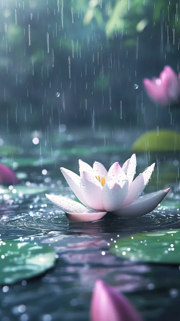 A single, delicate pink water lily with yellow pollen rests on the surface of a pond, its petals unfurling gracefully. Raindrops fall around the flower, creating a tranquil atmosphere. The water lily is bathed in soft sunlight, casting a gentle glow on its petals. The background is blurred, with the soft focus of the water and the distant greenery creating a peaceful ambiance.