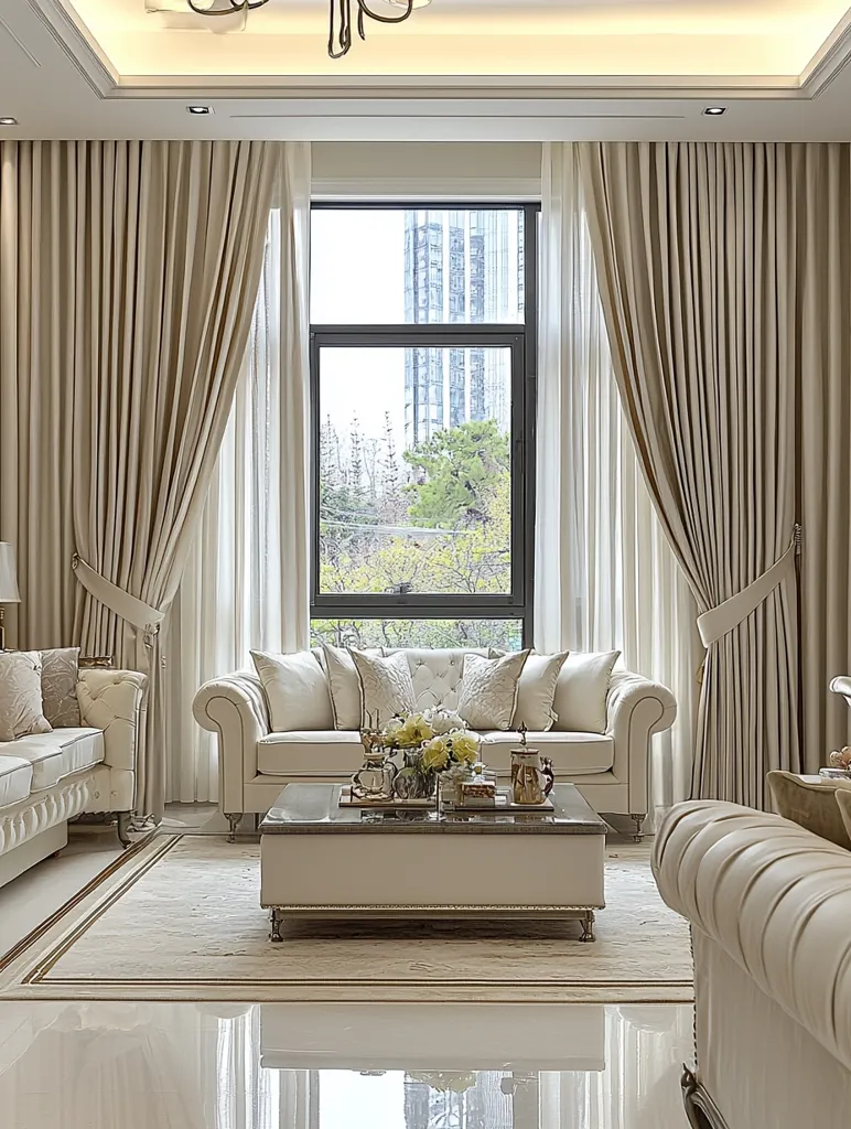 The image shows a luxurious living room with a large window overlooking a city skyline. The room features two plush white sofas, a large coffee table adorned with flowers and decorative objects, and a plush white rug. The curtains are a soft beige and flow gracefully, adding to the room's elegance. The overall ambiance is sophisticated and inviting.