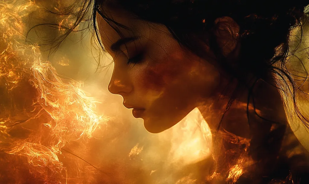 A woman's face is partially obscured by a golden haze, resembling flames or heat. Her eyes are closed, and her expression is serene. The background is a blur of warm colors, adding to the ethereal atmosphere.  The image evokes feelings of passion, mystery, and transformation.