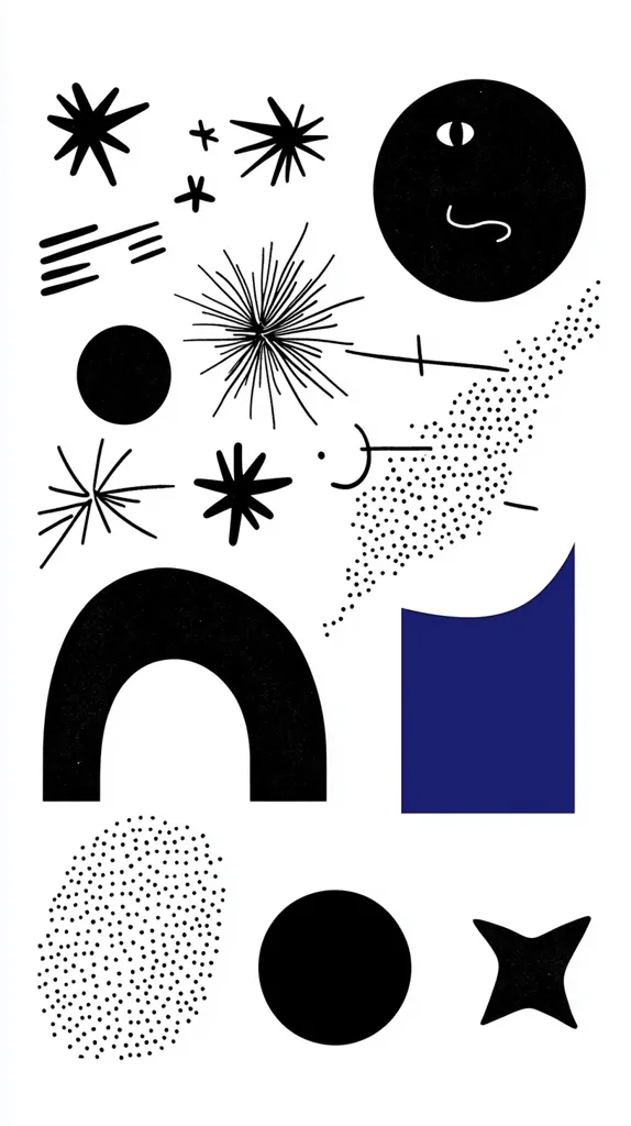 The image is a black and white abstract design with various shapes, patterns, and symbols. It includes a black circle with an eye, a black arch, a blue rectangle, a starburst, a black dot pattern, and a black star. The design has a playful and whimsical aesthetic.
