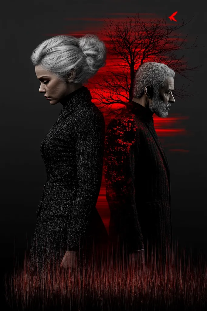 The image portrays a man and a woman standing back-to-back against a dark background. A silhouette of a tree with branches outstretched in front of a fiery red sky is visible between them. Both the man and the woman are dressed in black, their faces solemn and unreadable. The image evokes a sense of separation and emotional distance, possibly hinting at a troubled relationship. The red sky and the solitary bird in the distance add a touch of melancholy and foreboding to the scene.