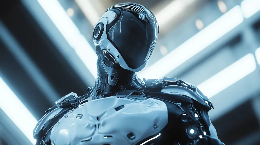 A futuristic robot, clad in sleek, white armor with intricate black detailing, stands against a backdrop of blurred, blue and white lights. The robot's helmet is opaque and covers its face, leaving only a hint of the features beneath. The image evokes a sense of mystery and advanced technology.  The lighting casts dramatic shadows, highlighting the robot's form and texture.