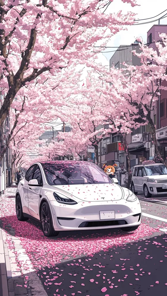 A white Tesla Model Y is parked on a street lined with cherry blossom trees. Pink petals cover the ground, creating a beautiful and romantic atmosphere. The car is surrounded by buildings and trees, creating a sense of urban life. The image is a stylized drawing that captures the beauty of spring in Japan.  The cherry blossom petals are scattered on the car, adding a touch of whimsy to the scene.