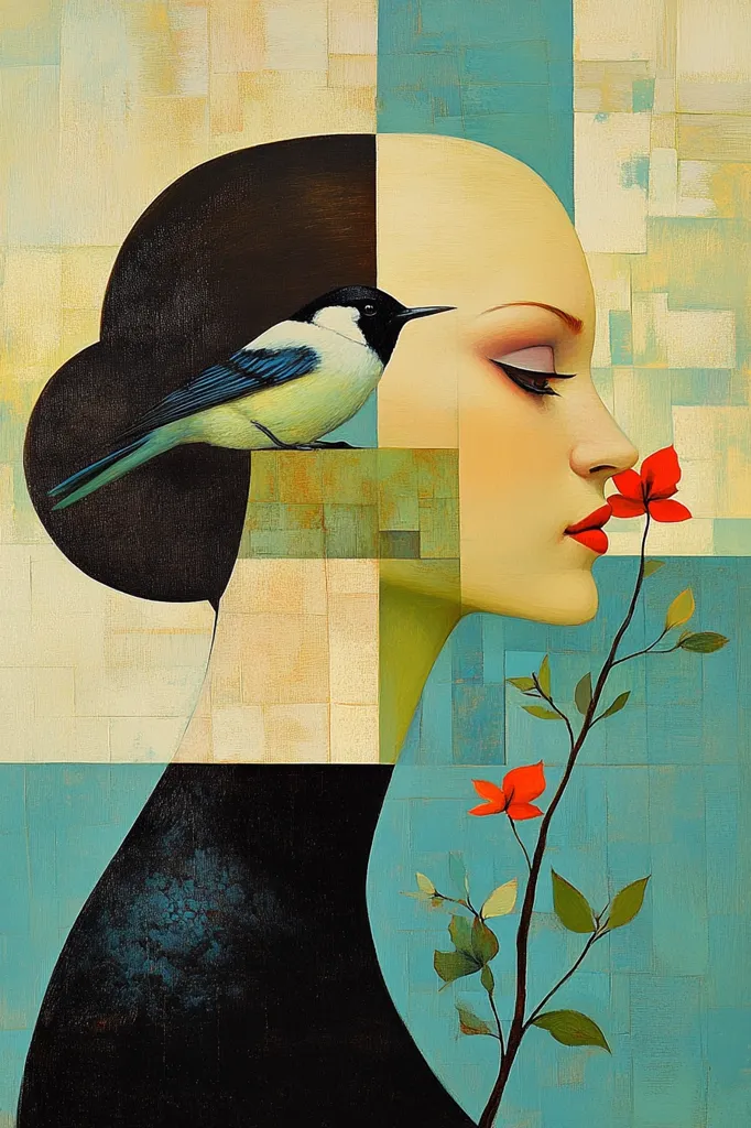 The painting is a stylized portrait of a woman with a black bob and a blue and yellow bird perched on her head. The background is a geometric pattern of squares and rectangles in muted colors. The woman’s face is partially obscured by the bird, but her eye makeup and red lips are visible.  There is a single red flower in the right corner of the painting, with a green stem extending toward the woman.  The painting has a surreal and dreamlike quality.