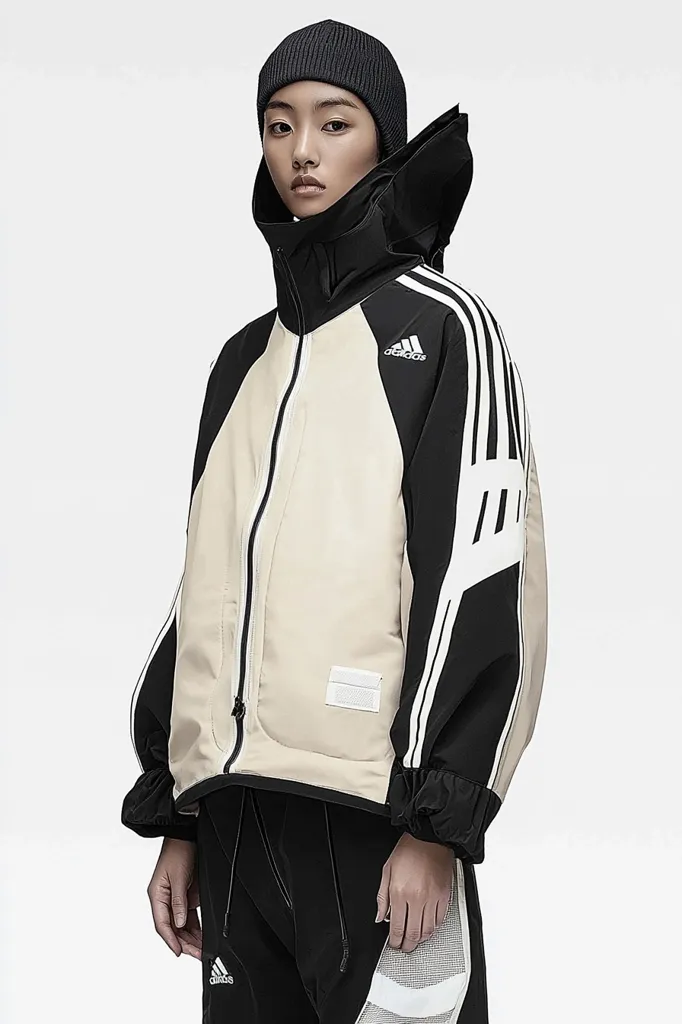 A woman is wearing a cream and black Adidas jacket with a black beanie. The jacket has black and white stripes on the sleeves and a white Adidas logo on the chest. She is wearing black pants with a white mesh panel on the right leg and a small white Adidas logo on the left leg. The background is a simple white. The image is focused on the clothing, particularly the jacket.