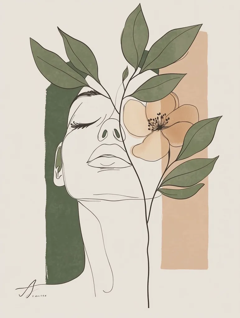 The image is a minimalist line drawing of a woman's face with a flower and leaves. The woman's eyes are closed and she has a serene expression. The flower is a light peach color and the leaves are green. The background is a light beige with a green and peach color block. The image has a calming and peaceful feel.  The art style is modern and simple. The image has a feeling of beauty and tranquility.