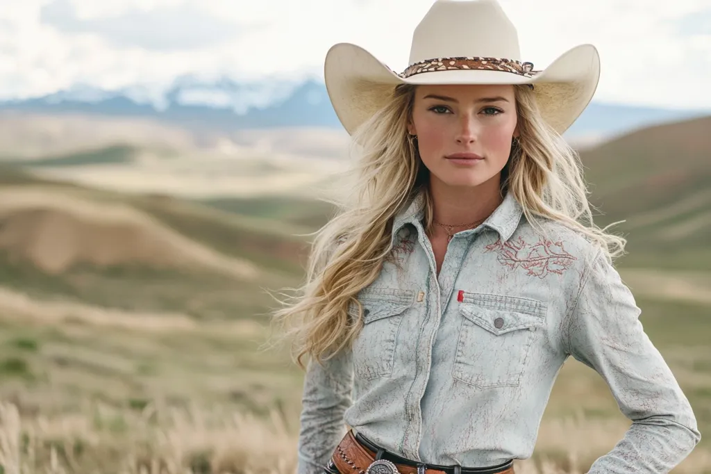 A young woman with long blonde hair wears a white cowboy hat and a blue denim shirt. She stands in a field with rolling hills in the background, looking directly at the camera with a serious expression. She has a  gold necklace and a brown leather belt with a silver buckle. The image evokes a sense of western charm and rugged beauty.